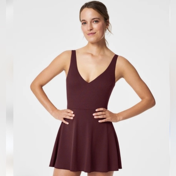 SPANX Women’s Piqué Swimdress Burgundy V-Neck Tummy Control One Piece Small